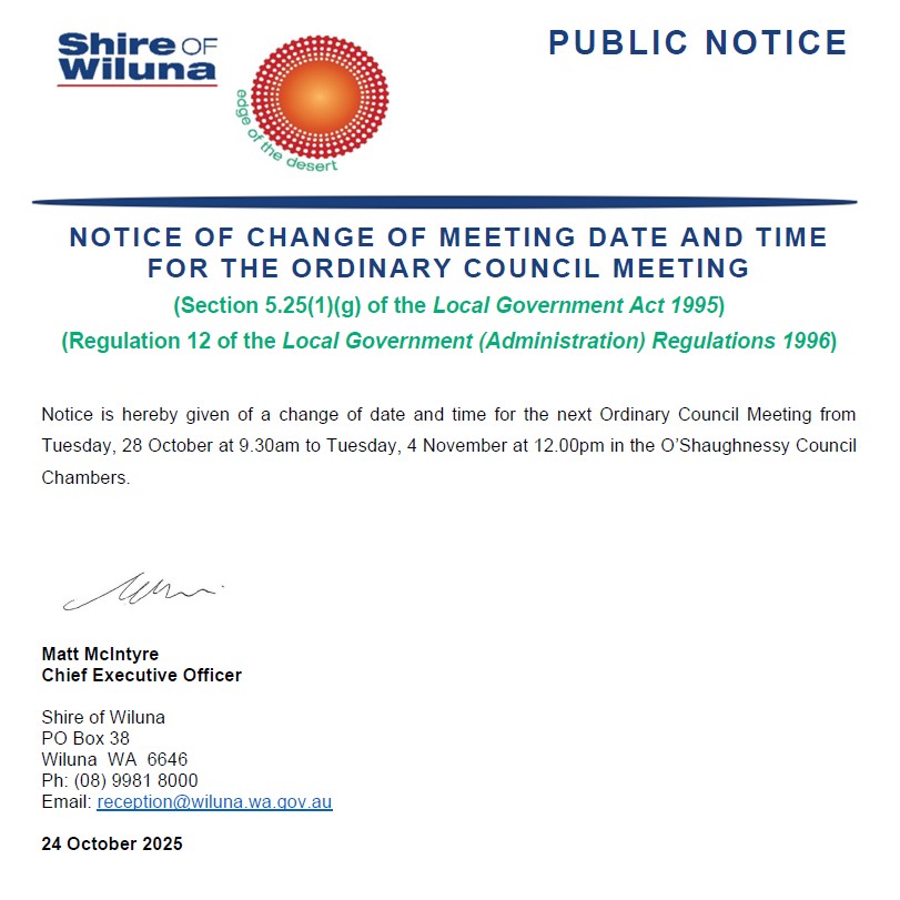 Notice of Change of Date and Time for Next Ordinary Council Meeting