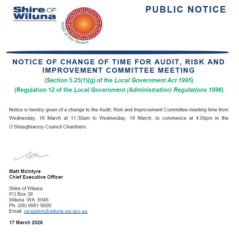 Notice of Change of Time for the Audit, Risk and Improvement Committee Meeting
