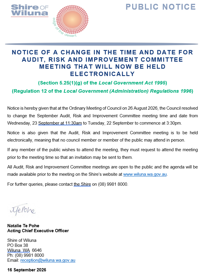 Notice of Change in Time and Date for the Audit, Risk and Improvement Committee Meeting Now to be Held Electronically