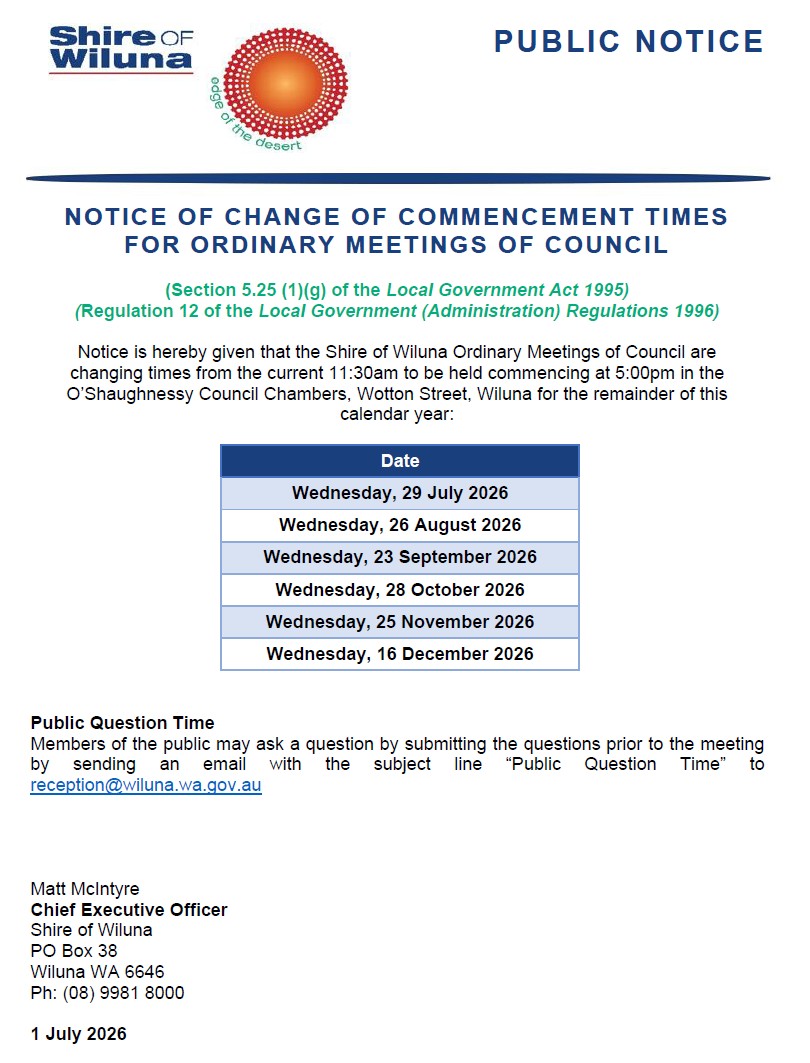 Notice of Change in Council Meeting Commencement Time from July 2026