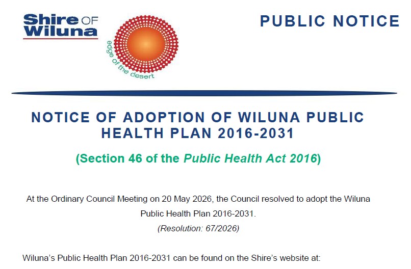 Notice of Adoption of Wiluna Public Health Plan 2016-2031