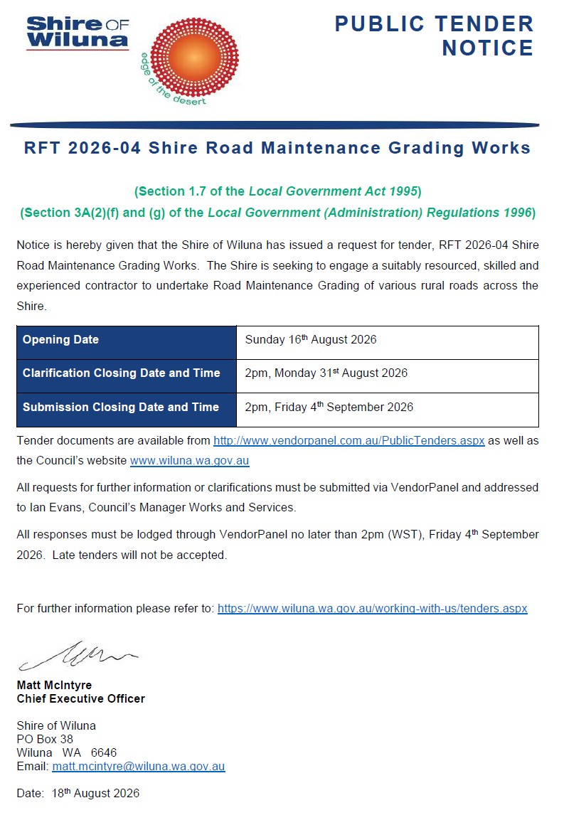 RFT 2026-04 Shire Road Maintenance Grading Works