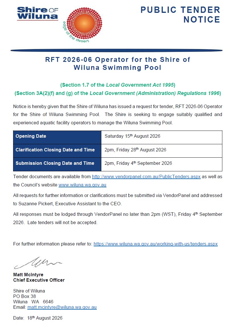 RFT 2026-06 Operator for the Shire of Wiluna Swimming Pool