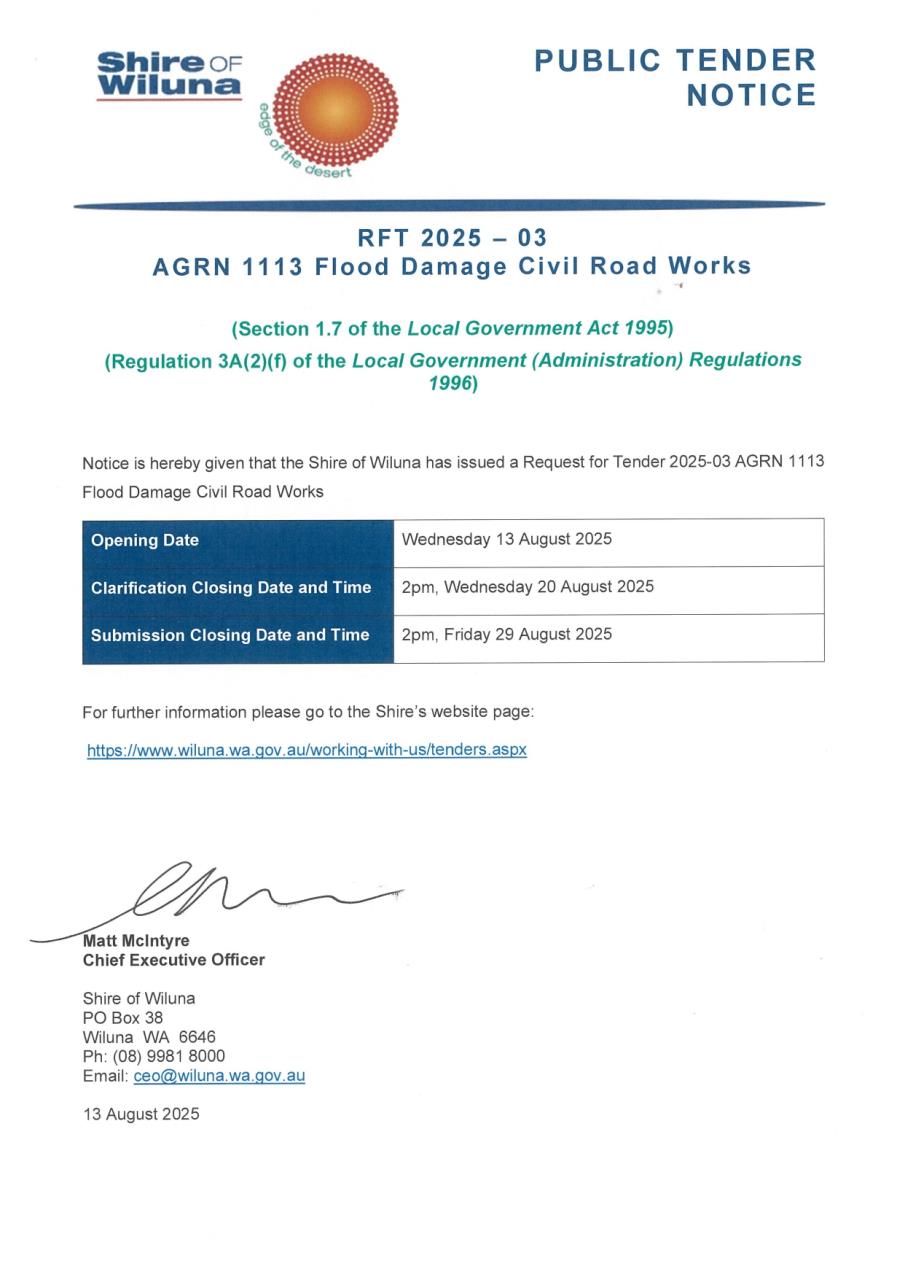 RFT 2025-03 AGRN 1113 Flood Damage Civil Road Works