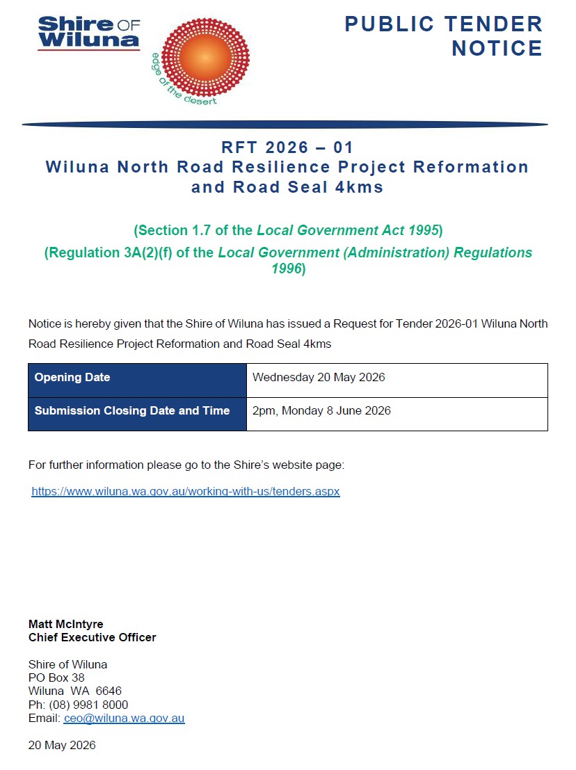 RFT 2026-01 Wiluna North Road Resilience Project Reformation and Road