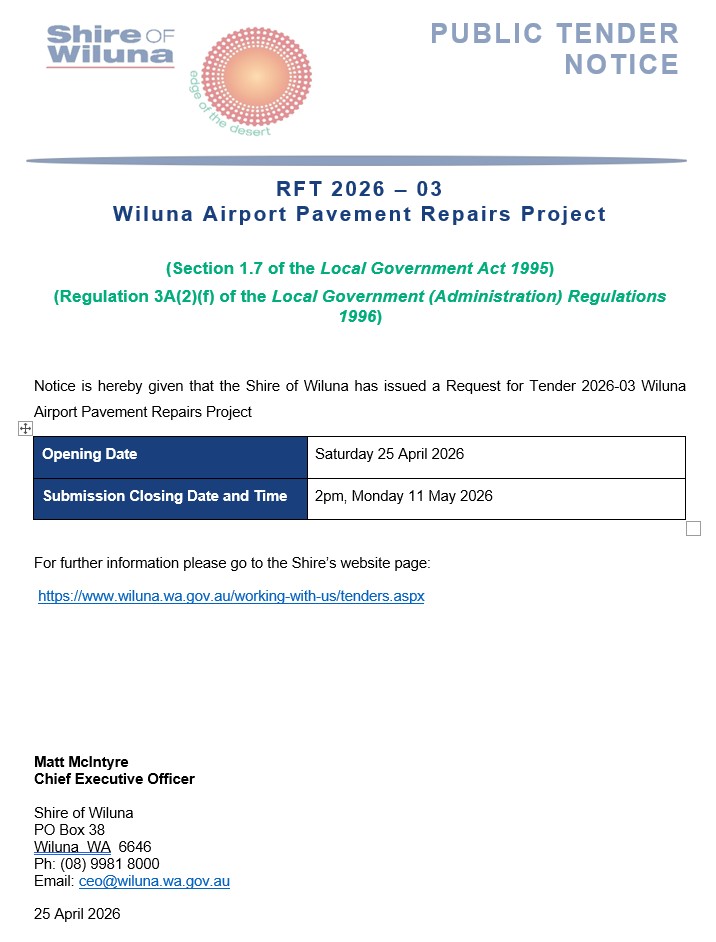 RFT 2026-03 Wiluna Airport Pavement Repairs Project