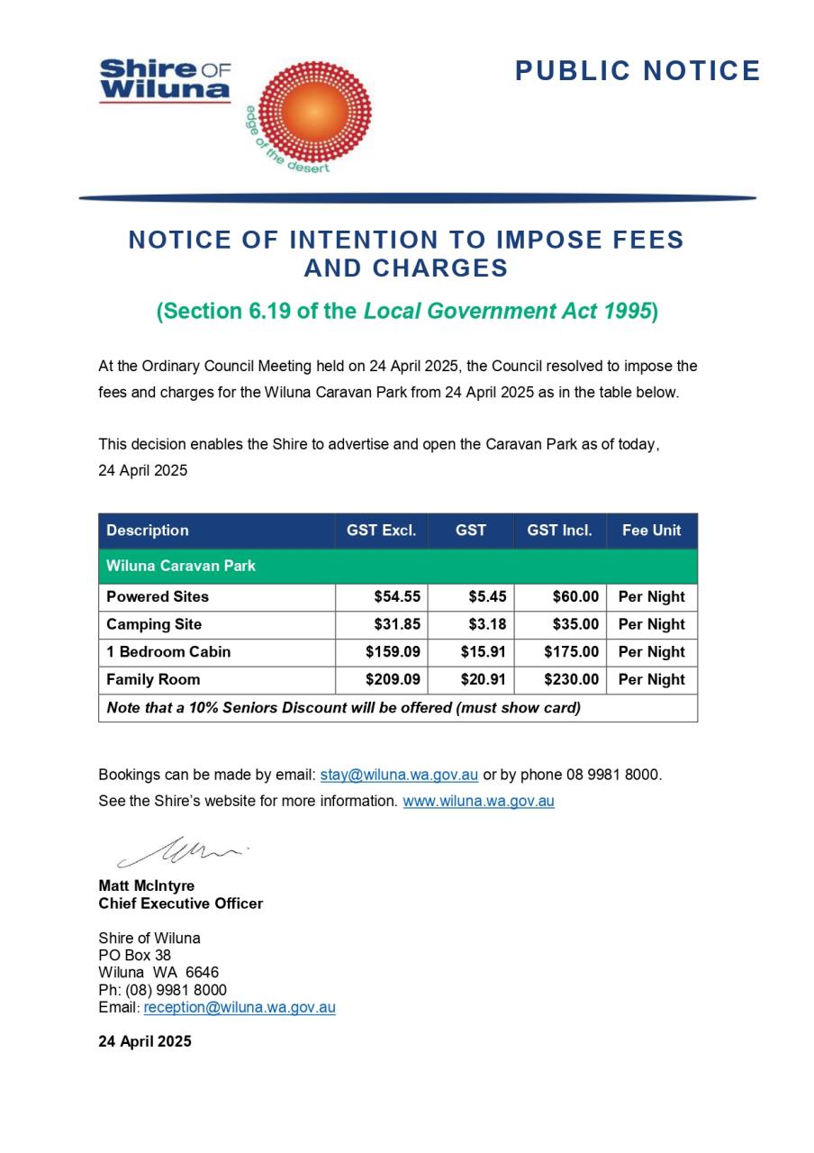 The Wiluna Caravan Park is Open