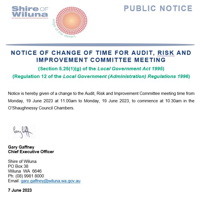 Notice of Change to the Audit, Risk and Improvement Committee Meeting