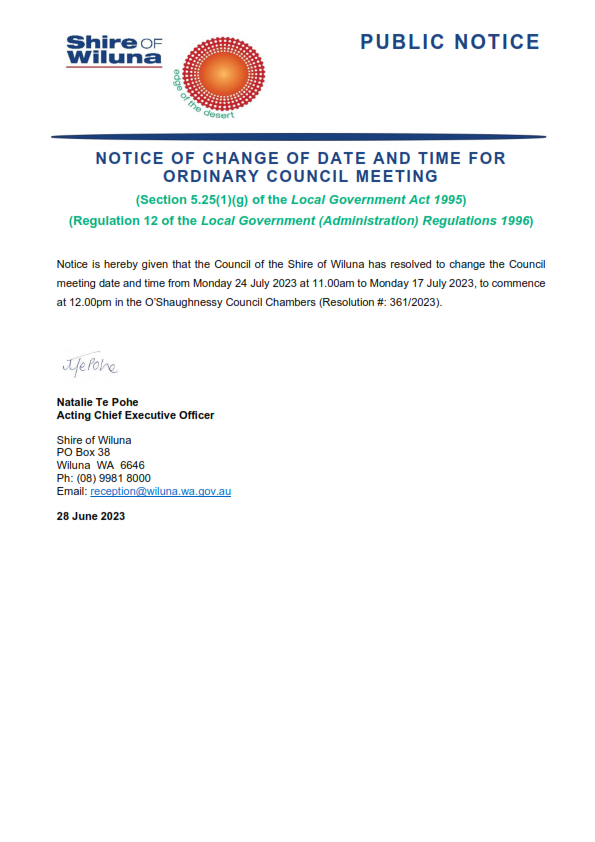 Notice of Change of Date and Time for Ordinary Council Meeting - July 2023