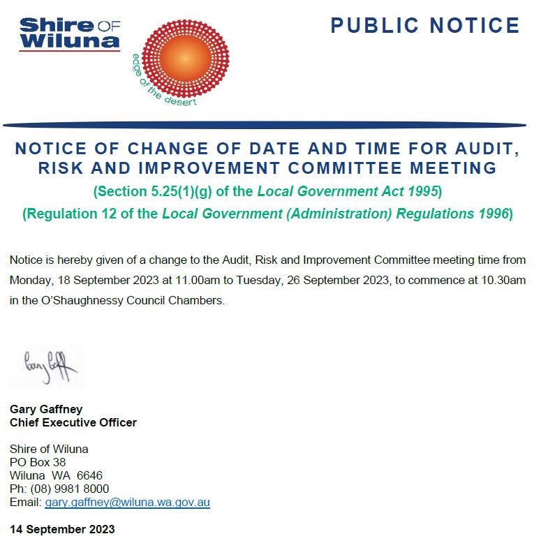 Notice of Change to the Audit, Risk and Improvement Committee Meeting