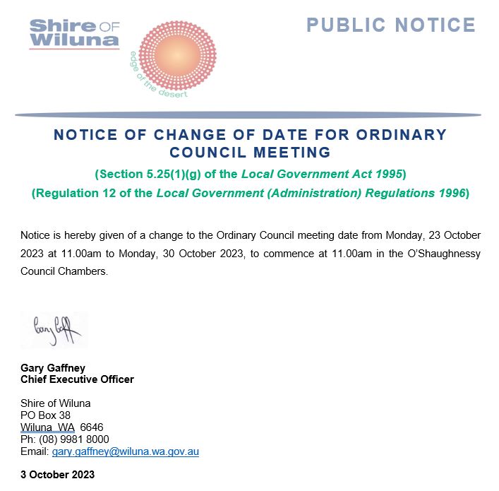 Notice of Change to Ordinary Council Meeting Date - October 2023
