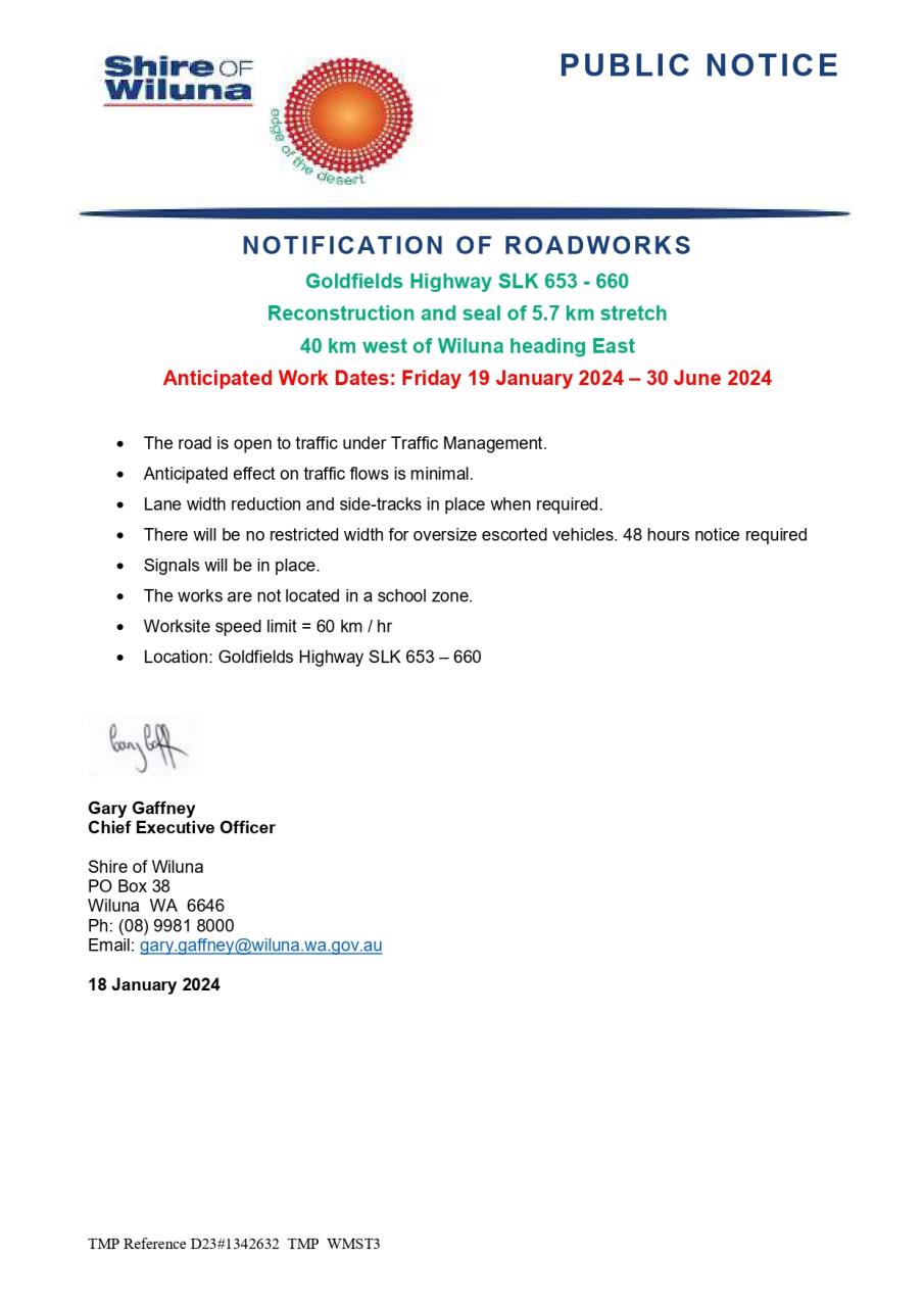 Notification of Roadworks on the Goldfields Highway