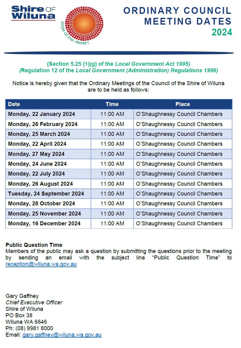 Ordinary Council Meeting Dates for 2024