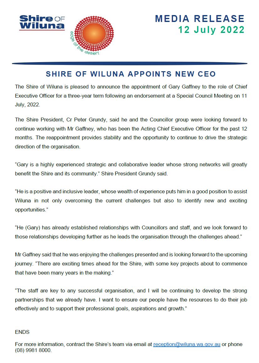 Shire of Wiluna Appoints New CEO