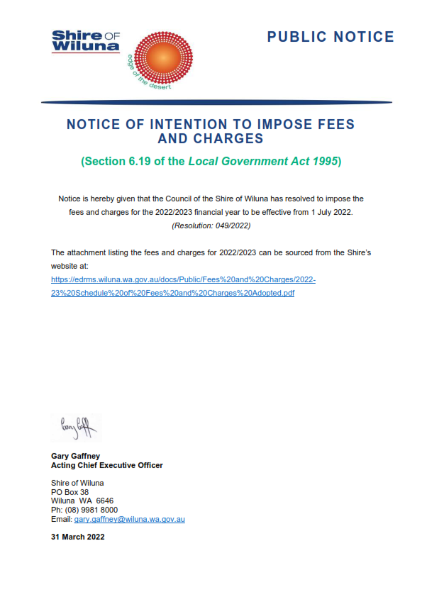 Notice of Intention to Impose Fees and Charges