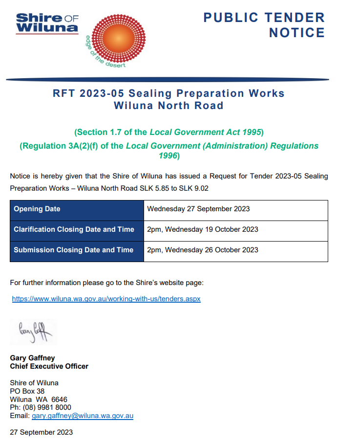RFT 2023-05 Sealing Preparation Works  Wiluna North Road