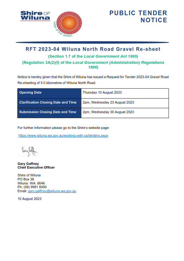 RFT 2023-04 Wiluna North Road Gravel Re-Sheet