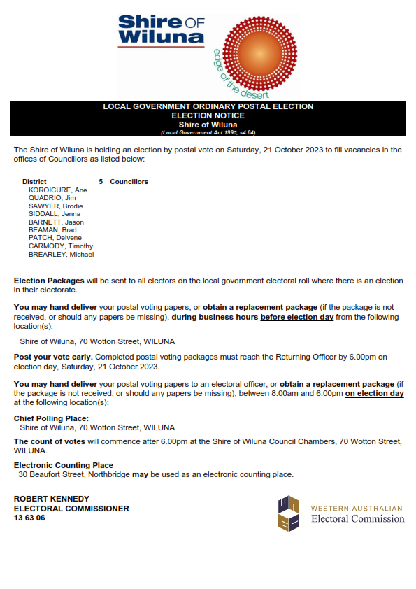 Local Government Elections 2023 Election Notice - Shire of Wiluna