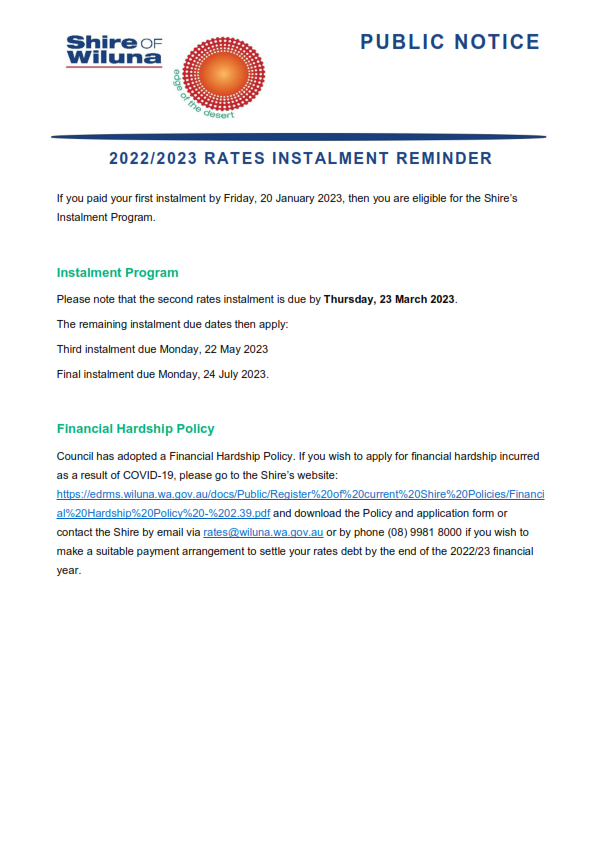2022/2023 Rates Instalment Reminder